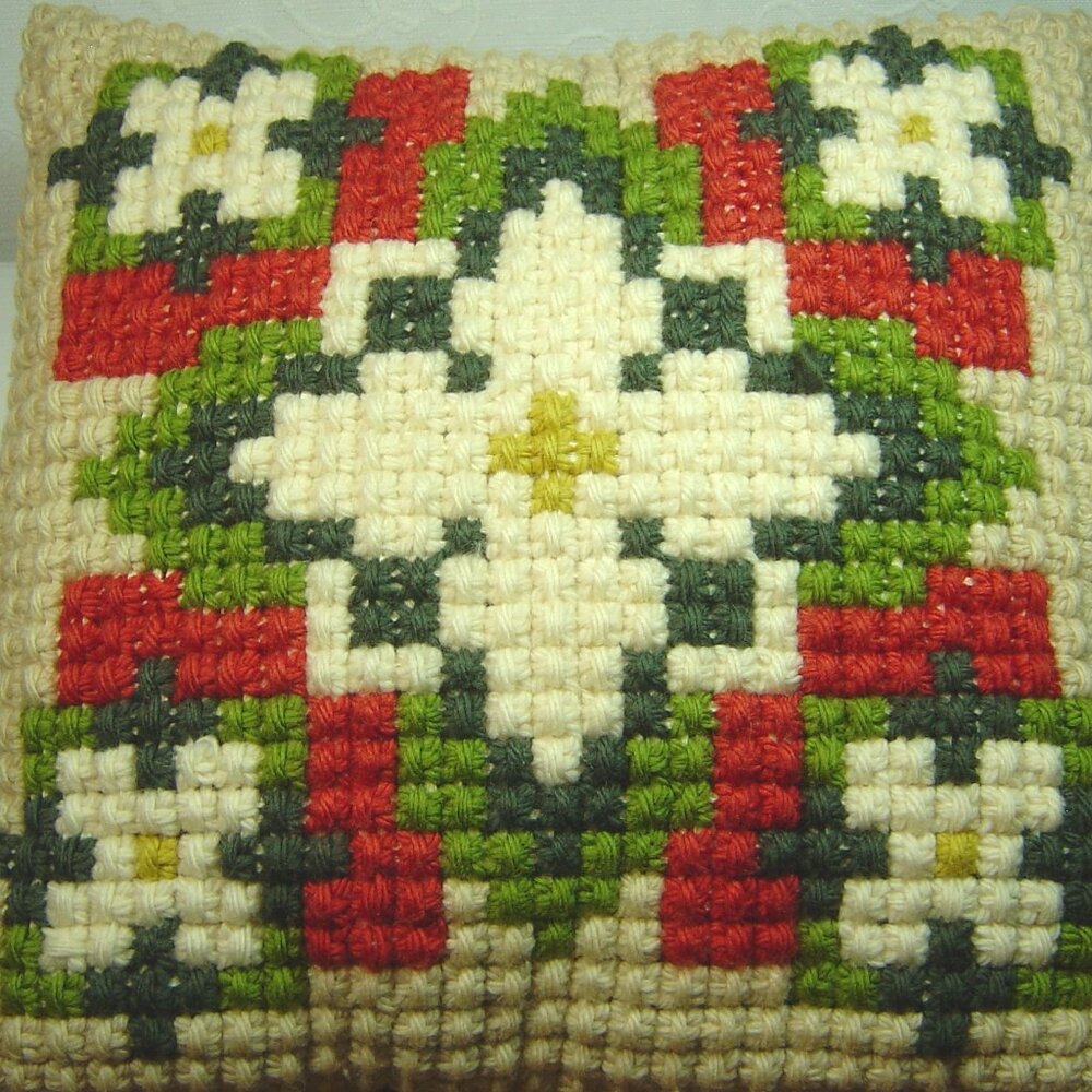 Vintage handmade cross stitched yarn accent pillow-cream, rust & green--14" sq.